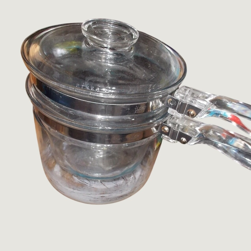 Vintage Pyrex Visions Clear Glass Double Boiler 1.5 Qt Pot 1 Qt Insert Lid